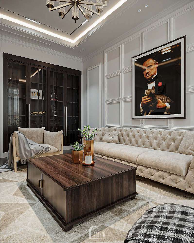 Thiết kế nội thất phòng khách nhà 3 tầng phong cách Tân Cổ Điển mang vẻ đẹp thời gian bước vào từng góc sống